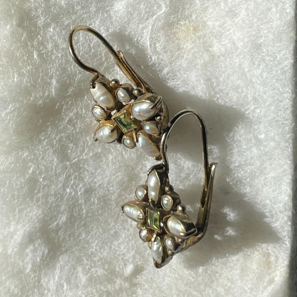Victorian-Inspired Peridot and Seed Pearl Earrings